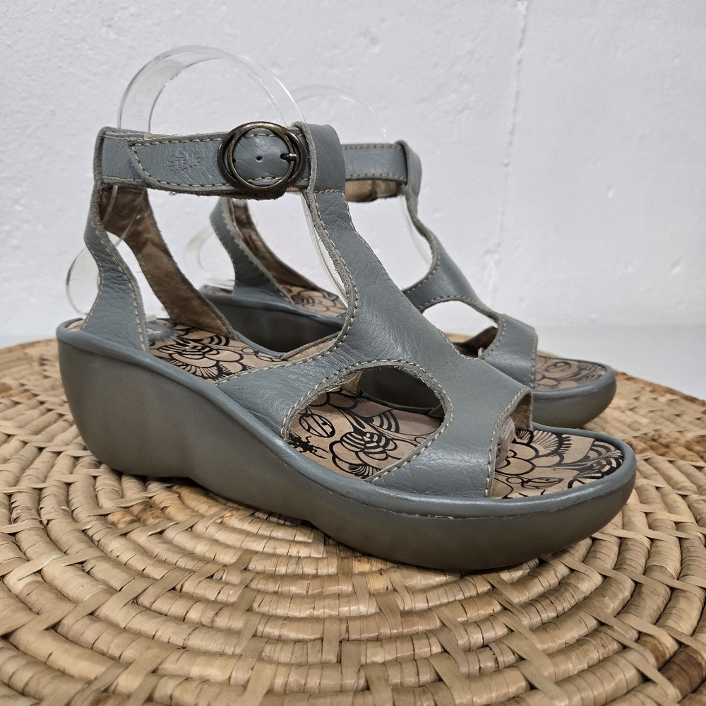 Fly London Blue Leather Wedge Strappy Sandals 7.5-8
